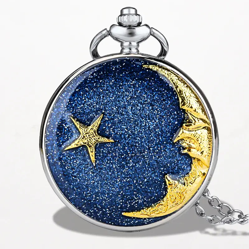 Montre De Poche Rétro à Gousset - Cadran étoiles Lune Fleurs - Chaîne Incluse - Quartz - Neuf Sans étiquette
