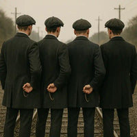 Quatre hommes en costumes sombres et casquettes plates, tenant des montres de poche.